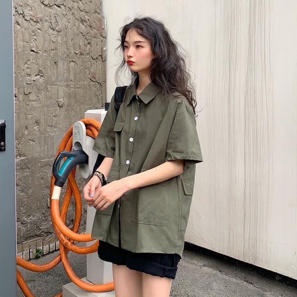 Áo Sơ Mi Nam Nữ Form Rộng TRƠN Basic Unisex Cộc Tay Trắng và Đen, Kiểu áo sơ mi suông Ulzzang