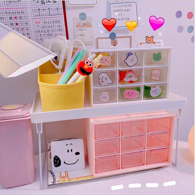 Kệ Nhựa Mini 9 Ô Có Ngăn Kéo Đựng Đồ Vật Nhỏ Siêu Đáng Yêu- Tặng Kèm Sticker