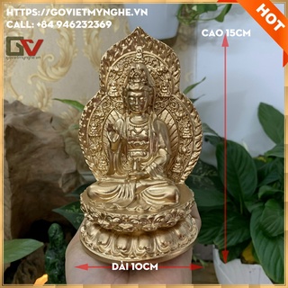 Tượng đá Quan Thế Âm Bồ Tát ngồi đài sen + chữ "Phật" phía sau - Chiều cao 15cm - Màu nhũ đồng