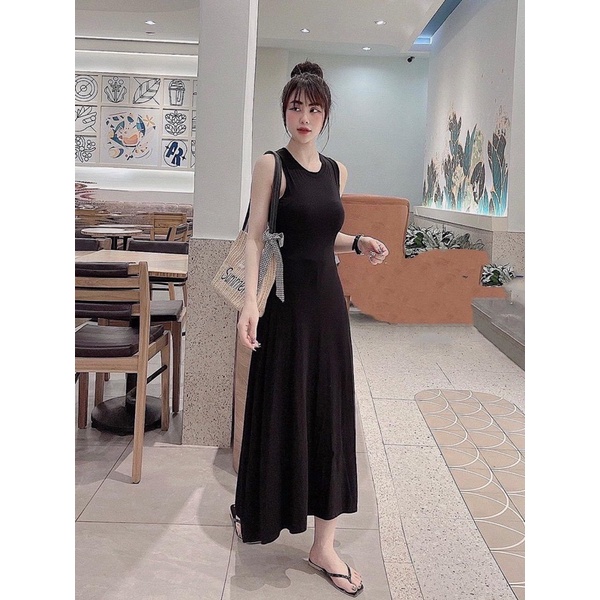 Váy maxi thun xòe sát nách, Đầm dáng dài cổ tròn co giãn VS1821 - NhiNhi Shop