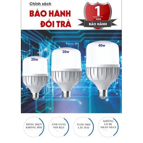 Bóng LED BULB trụ nhựa đuôi xoáy E27-5W,10W,15W,20W,30W,40W,50W