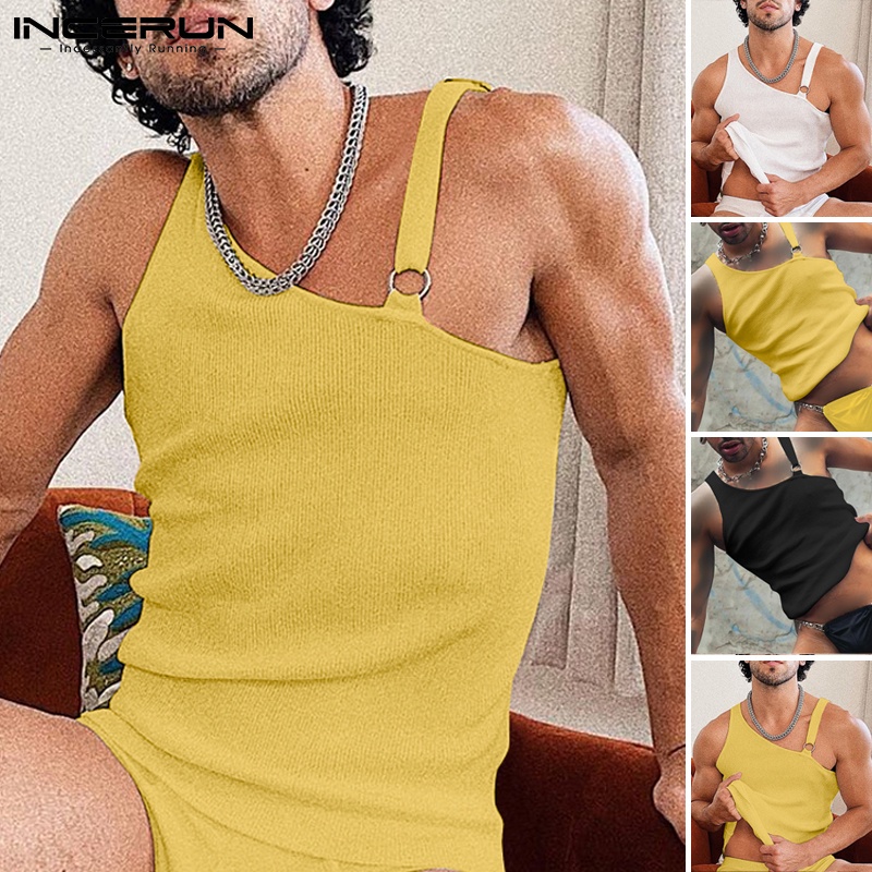 Áo INCERUN không tay phối dây dáng ôm màu trơn mùa hè cho nam