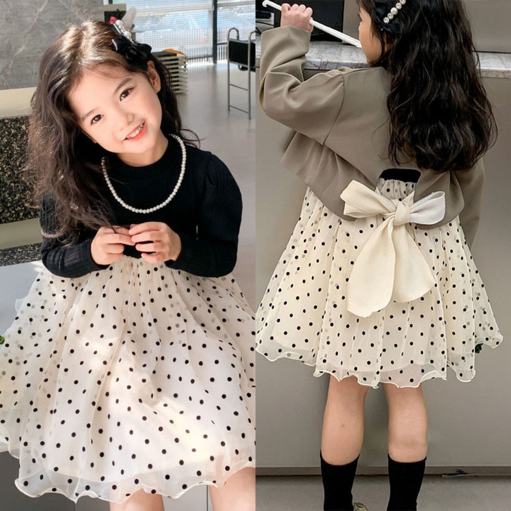 Bộ Đầm Tay Dài Phối Lưới Chấm Bi + Áo Khoác Thắt Nơ Phong Cách Hàn Quốc Thời Trang Mùa Thu Cho Bé Gái