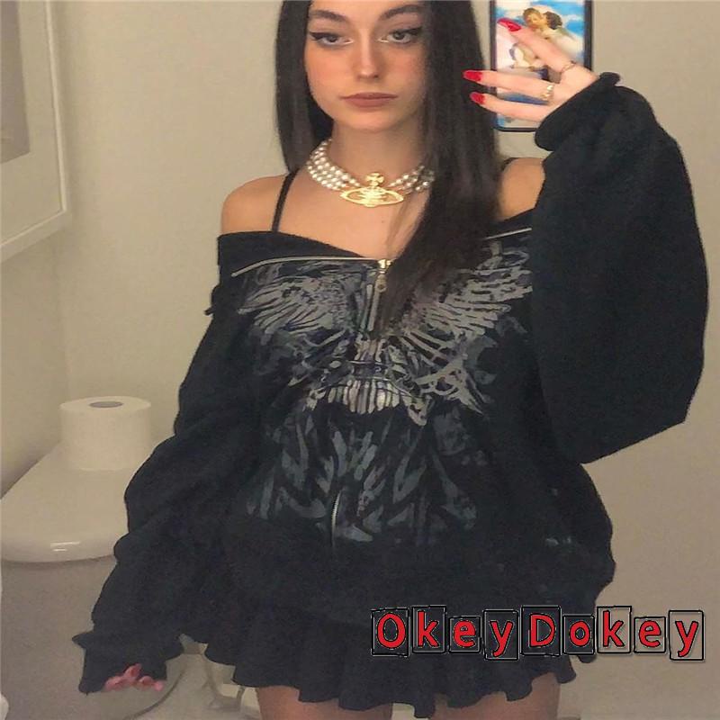 Áo Khoác Cardigan Tay Dài Có Khóa Kéo In Hình Bướm Vintage Y2K Dành Cho Nữ