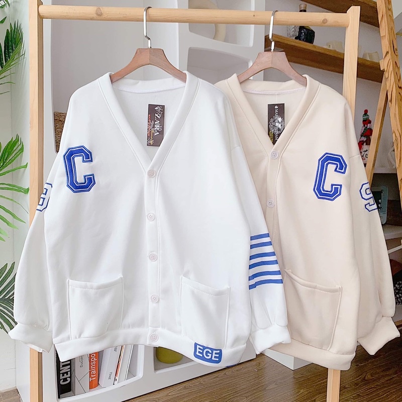 Áo khoác cardigan nỉ bông cotton unisex Thêu chữ viền tay hai màu, dáng rộng cổ chữ V phong cách Hàn Quốc ullzang | BigBuy360 - bigbuy360.vn