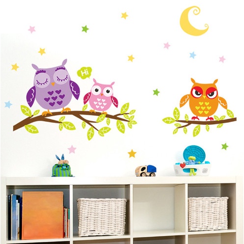 Decal trang trí tường - 3 chú cú sắc màu