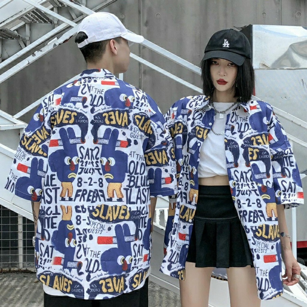 Áo sơ mi unisex chiffon tay ngắn hoạ tiết hoạt hình thời trang ngày thường cá tính vải mềm mịn thoải mái có thể mặc cặp