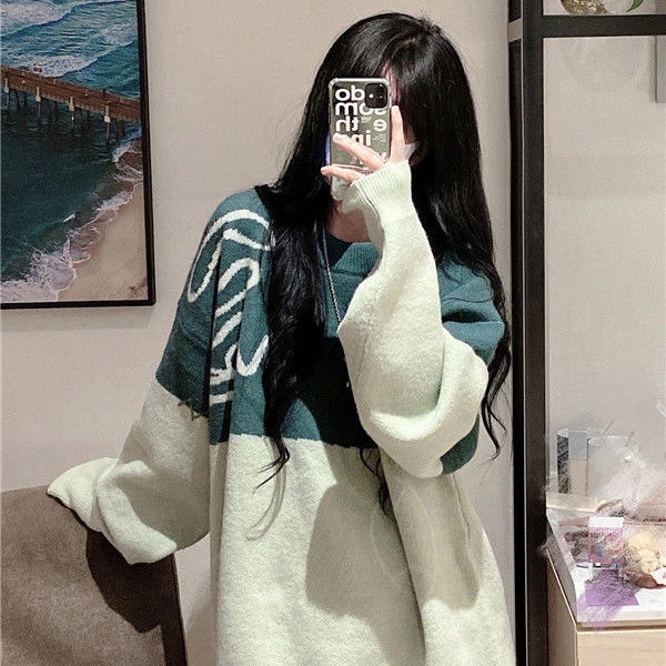 Áo Sweater dáng rộng màu sắc Retro thời trang thu đông phong cách Hàn Quốc cho nữ