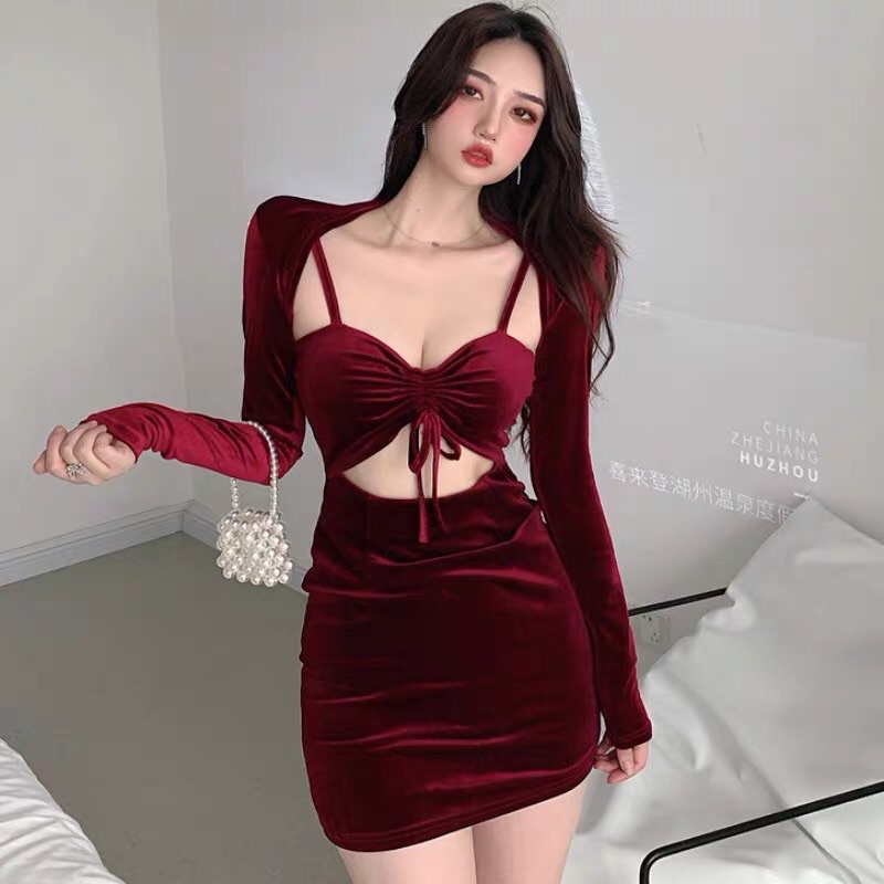 Set đầm ôm body dây rút ngực + áo khoác croptop tay dài nhiều màu hot hit S2991