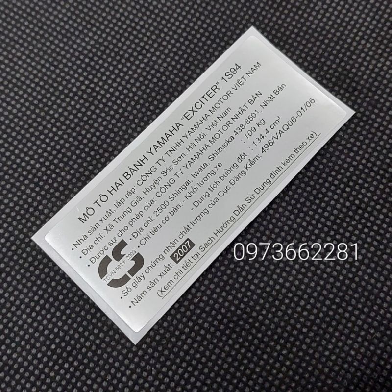 Tem thông số năm Sản xuất EXCITER 2007.1S94, Tem dán càng gắp