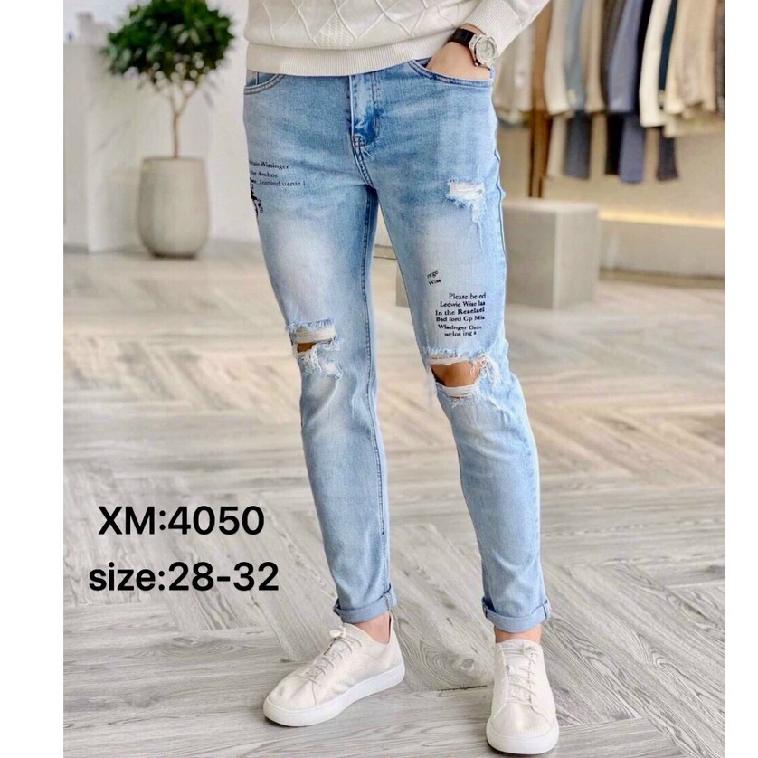 QUẦN JEAN NAM CHẤT COTTON CO GIÃN RÁCH GỐI THÊU CHỮ SIÊU HOT MỌI LỨA TUỔI VS12 ( 4050 - 4052) N&CSHOP