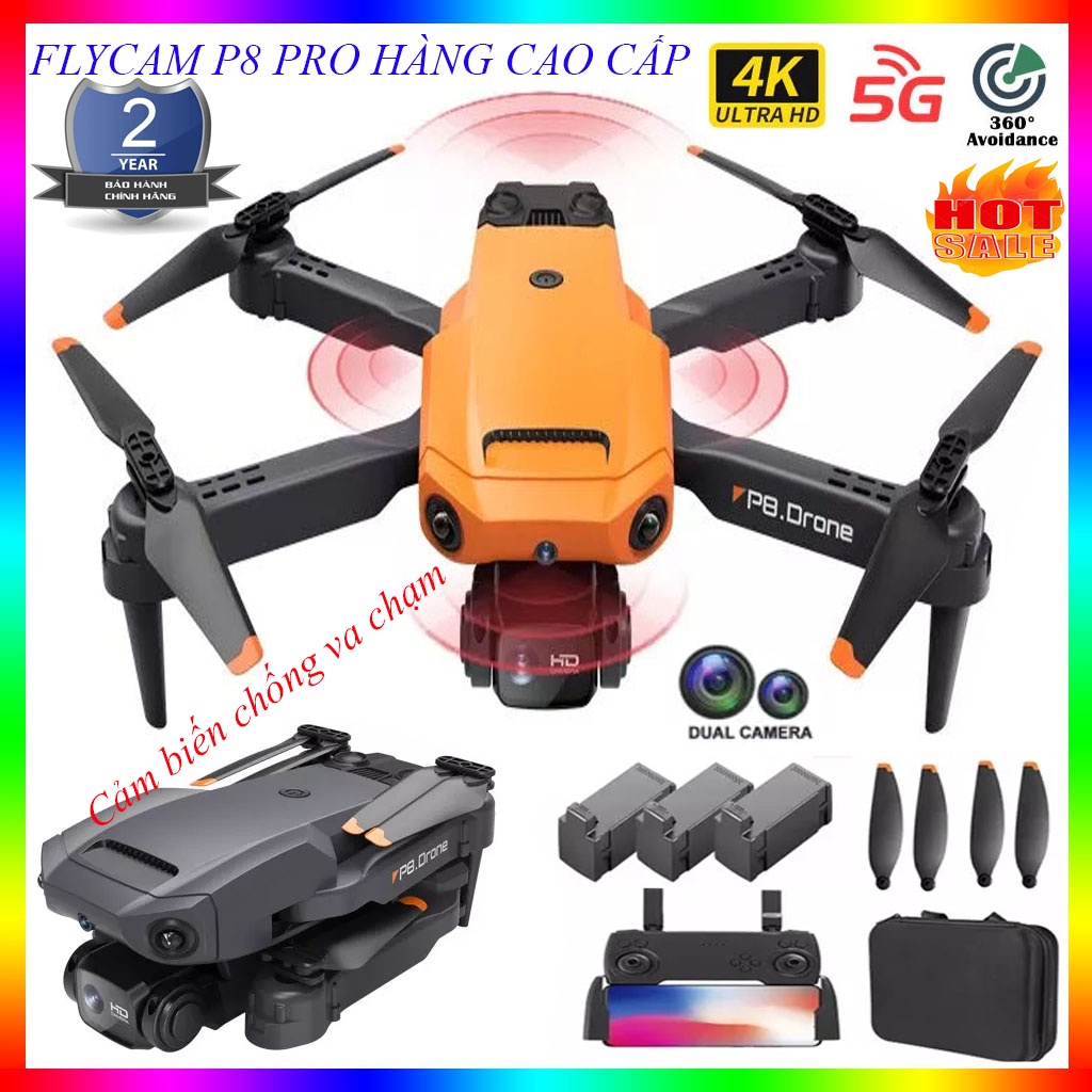Flycam Mini Giá Rẻ Drone P8 Pro Max, Máy Bay Điều Khiển Từ Xa 4 Cánh 2 Camera 12MP, Pin Lithium 2000mAh bay 25 Phút, Cảm