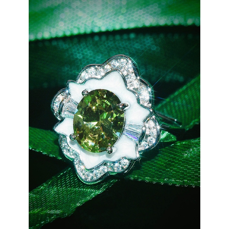 Nhẫn Đính Hôn Đính Đá Zircon Giả Hình Oval Màu Xanh Lá Tự Nhiên Phong Cách Hàn Quốc Dành Cho Nữ