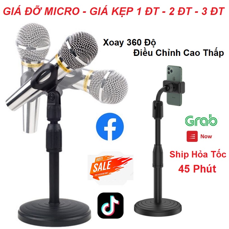 Giá Đỡ 1 Điện Thoại, Giá Kẹp 1 và 2 ĐT - Giá Đỡ Micro Để Bàn Xoay 360 Độ - Nhựa ABS - Điều Chỉ Cao Thấp - Hàng Loại 1