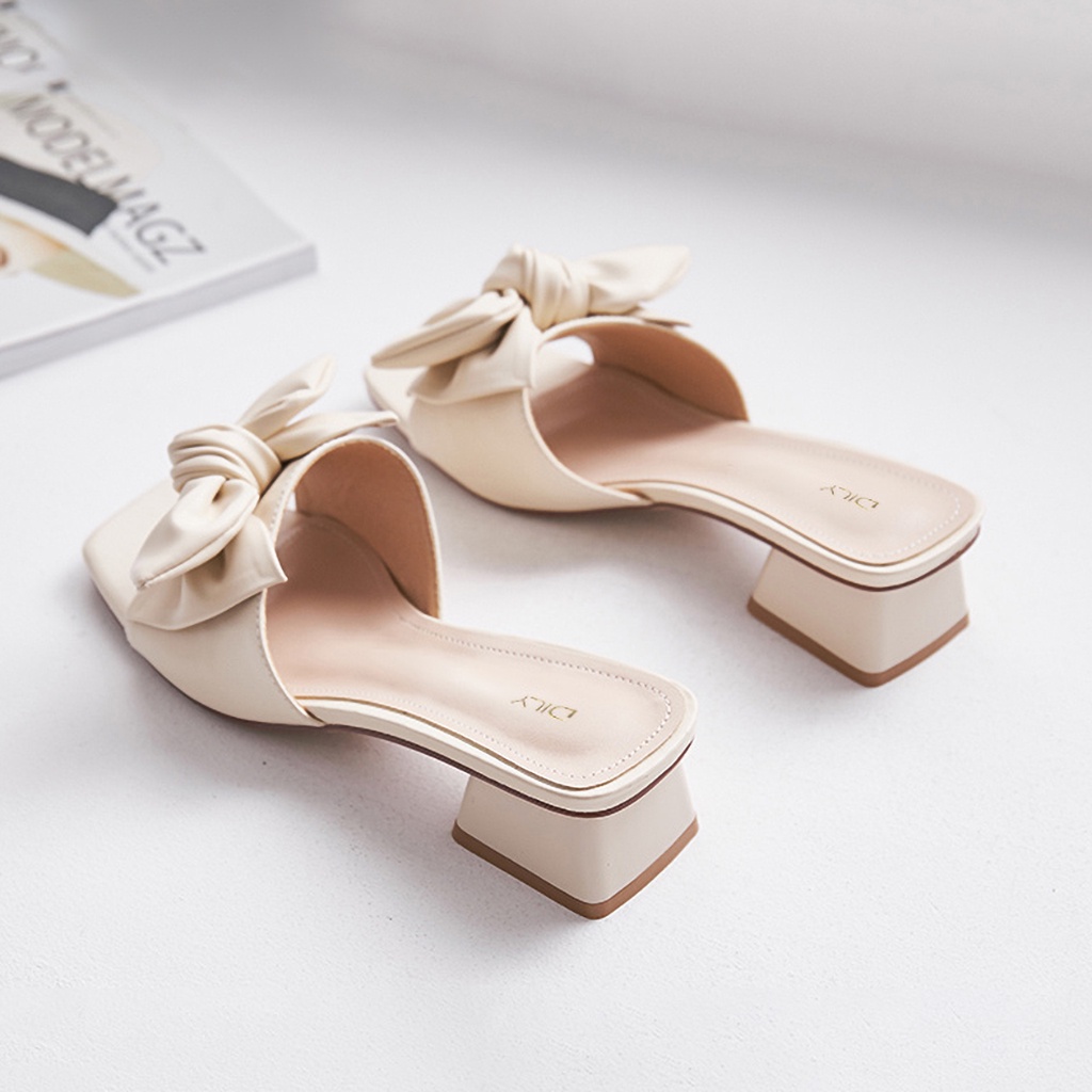 Dép guốc nữ cao gót phối nơ DILY êm chân mũi vuông gót vuông cao 3.5cm_ AA0339