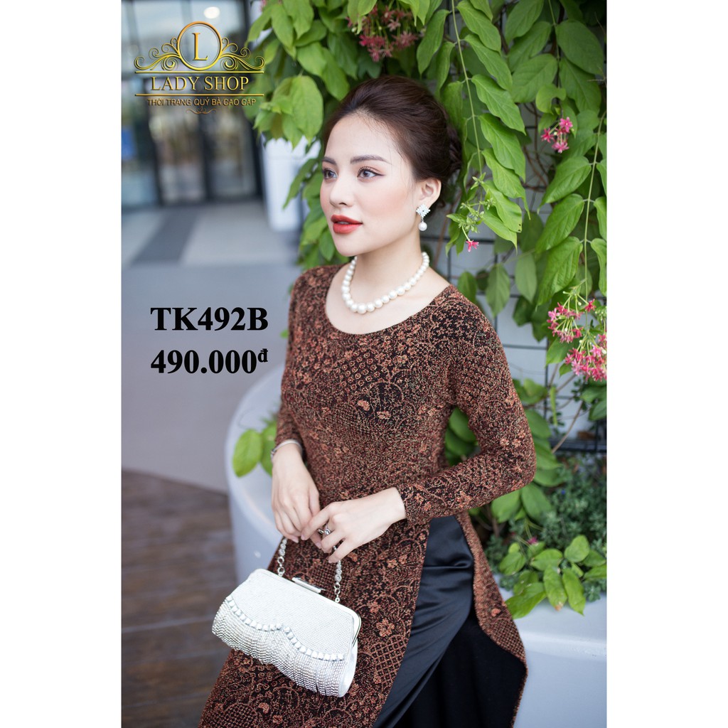 ÁO DÀI TRUNG NIÊN CAO CẤP - LADYSHOP - Áo dài nhũ hoa nhí vàng nâu TK492