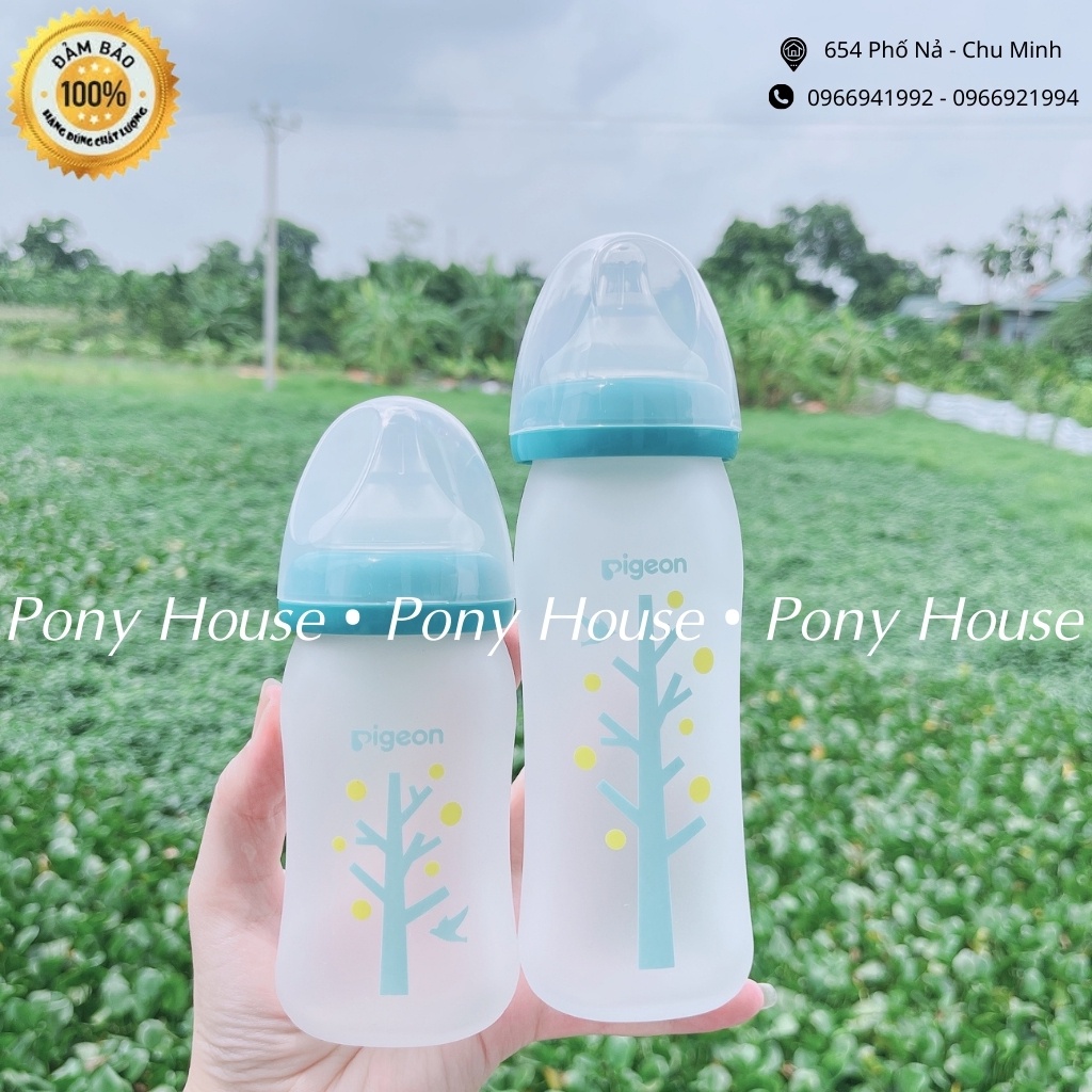 Bình Sữa Pigeon Thủy Tinh Coating, Bình Thủy Tinh Bọc Silicon Chống Vỡ, Giữ Ấm Sữa Nhật 160ml/240ml