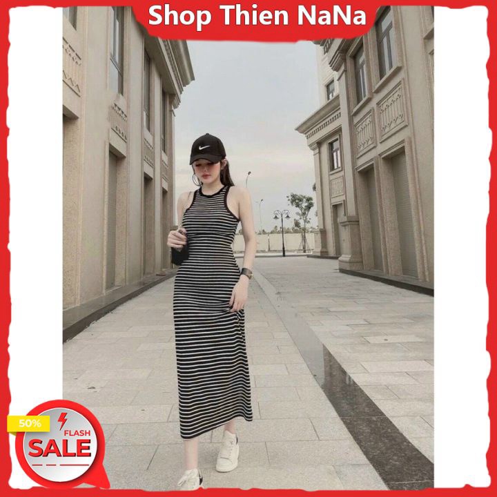 Đầm 3 lỗ ôm body sọc màu theo viền dáng dài cực hot hit , chất thun gân dày dặn