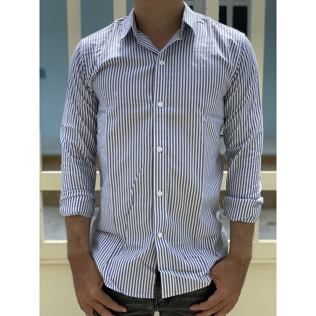 Áo sơ mi nam dài tay sọc trắng đen vải cotton oxford rất đep