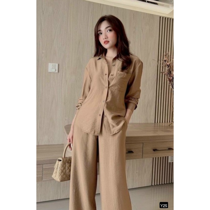 Mẫu Thời Trang HOT năm | Sét Tuyết Nhung Áo Sơ Mi Phối QUần Dài Rộng Cùng Màu HỐt Nhanh Kẻo Hết UP