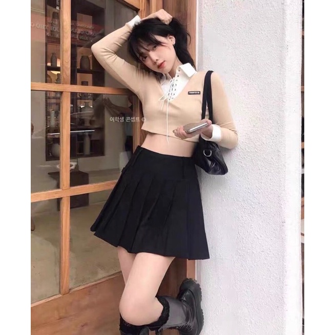 Set váy áo cổ sơ mi đan dây