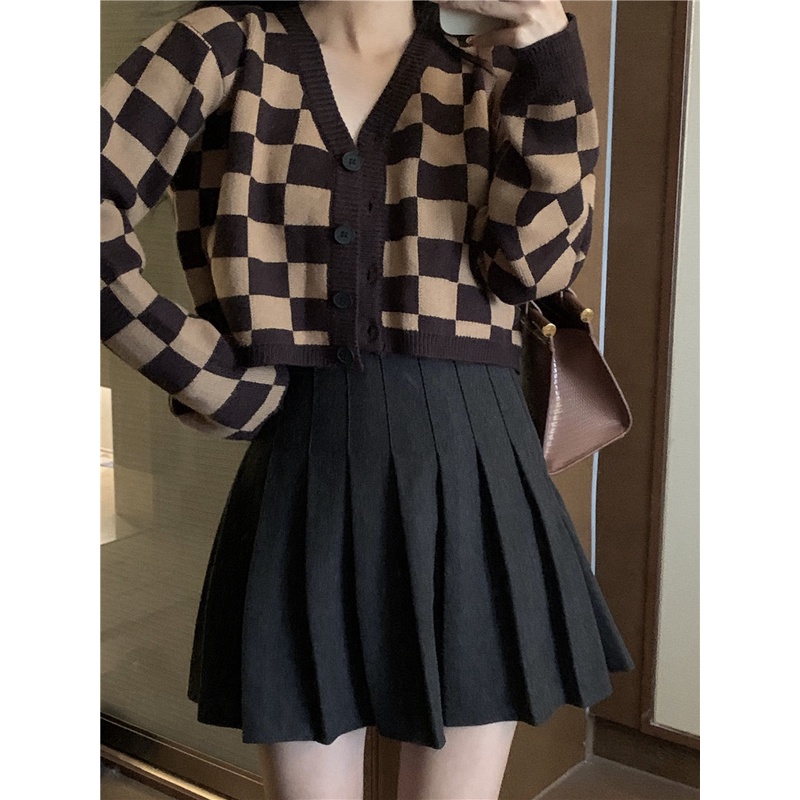 Áo khoác cardigan dệt kim tay dài dáng rộng kẻ sọc ca rô thời trang Hàn Quốc cho nữ