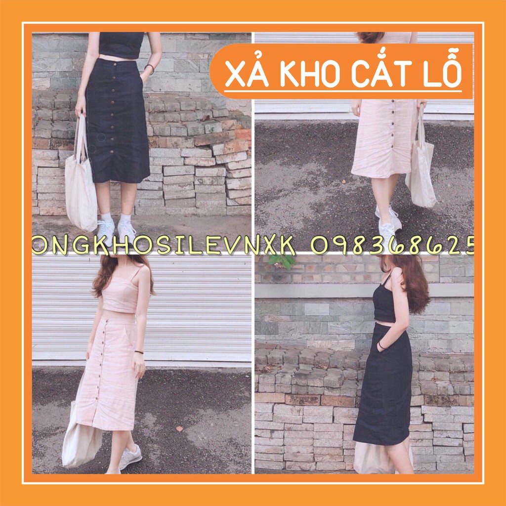 [Xả kho hè] (TRI ÂN HOT) SET ÁO 2 DÂY CROPTOP MIX CHÂN VÁY CÚC ĐEN BE - (Sp sẵn)