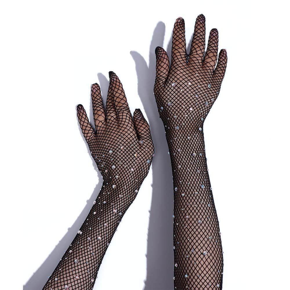 Găng Tay Lưới Hở Ngón Đính Kim Sa Toàn Diện Phong Cách Retro Cho Nữ