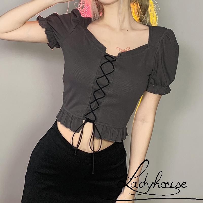 Áo Thun Crop Top Tay Phồng Thiết Kế Dây Rút Phía Trước Thời Trang Mùa Hè Cho Nữ