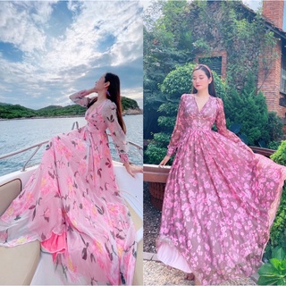(free chỉnh sửa váy) đầm maxi von hoa cổ tim tay dài váy xòe, đầm voan hoa tiểu thư du lịch đi biển chụp ảnh sống ảo