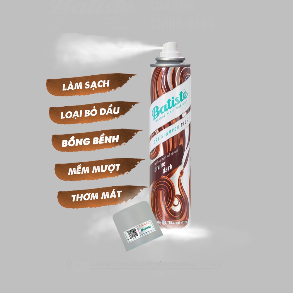 Dầu Gội Khô Batiste Cho Nam Và Nữ - Batiste Dry Shampoo Plus With A Hint Of Colour Divine Dark