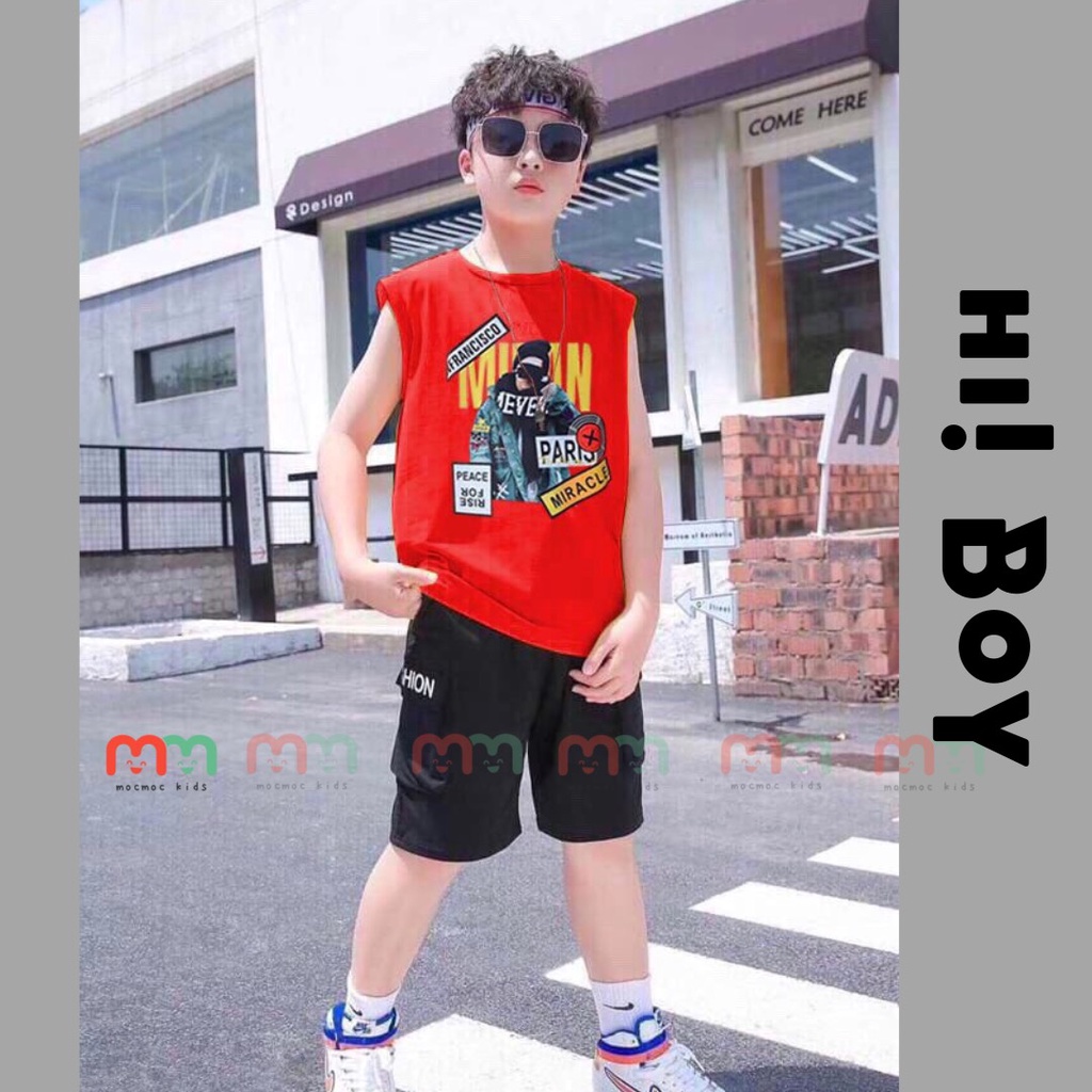 Đồ bộ bé trai áo thun sát nách phối quần cộc thun cotton cao cấp mềm mịn mát co dãn cho bé 22kg đến 49kg