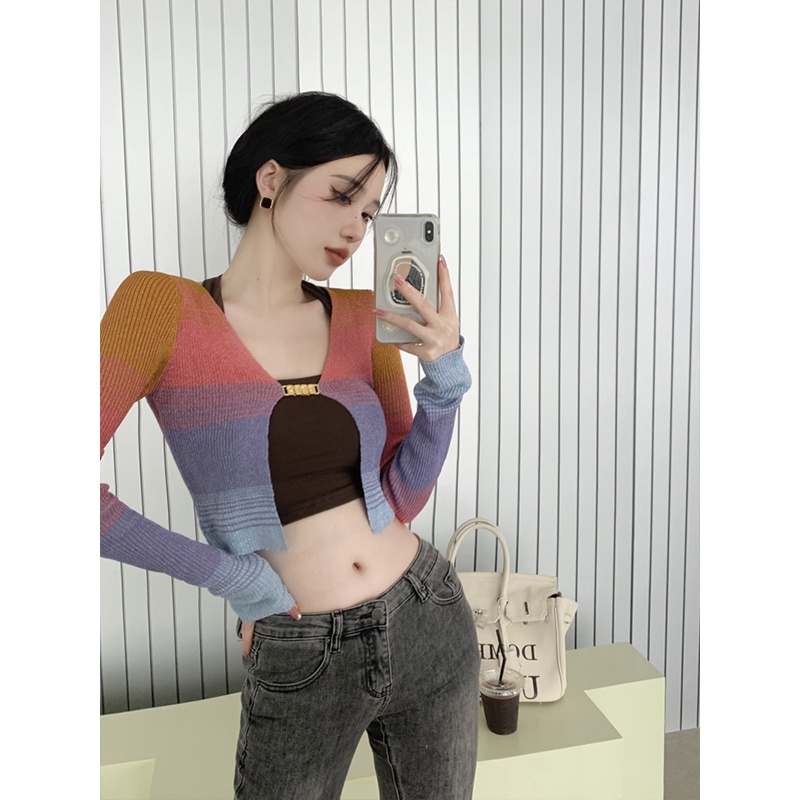 QADCOL Áo Khoác Cardigan Dệt Kim Tay Dài Dáng Ngắn Mỏng Nhẹ Họa Tiết Kẻ Sọc Thời Trang Mùa Hè Phong Cách Cổ Điển Cho Nữ