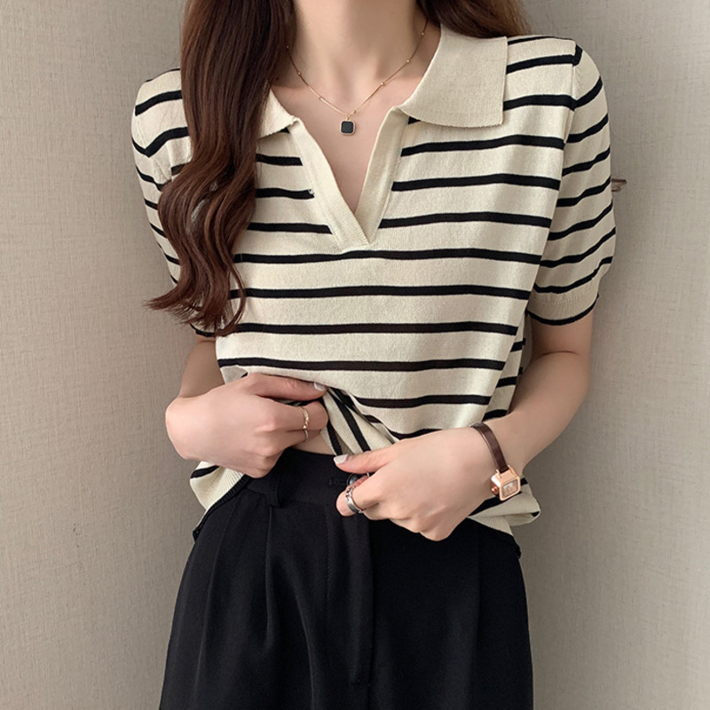 áo polo Nữ Tay Ngắn Họa Tiết Sọc Phong Cách Hàn Quốc