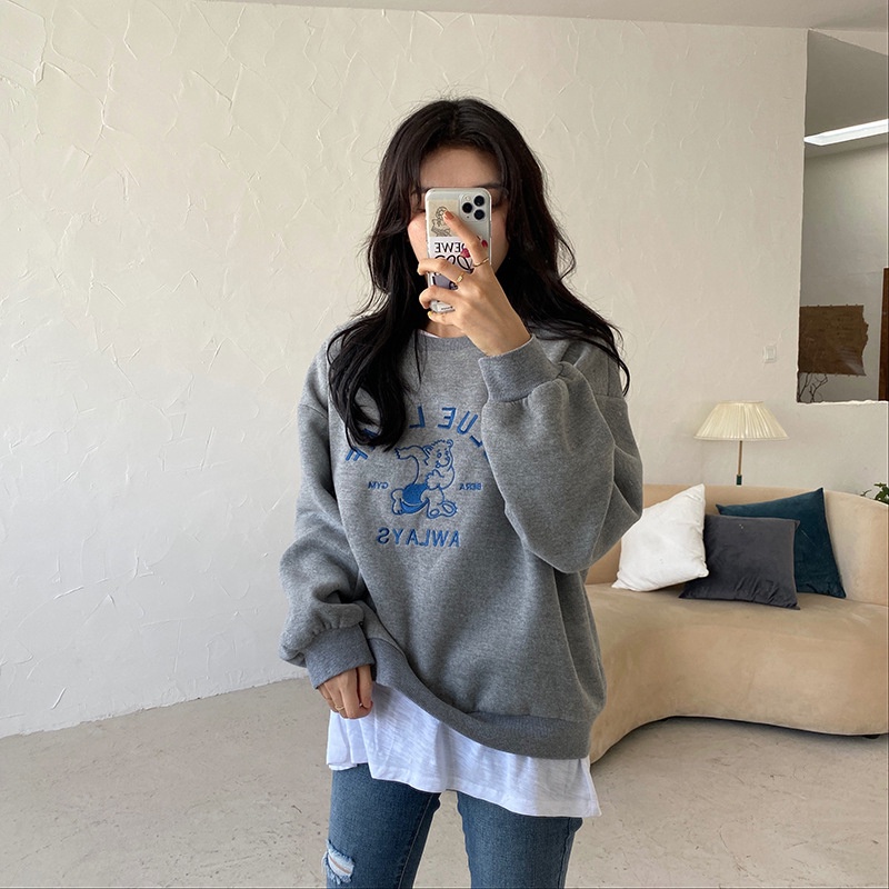 ZHELIHANGFEI Áo Thun Tay Dài Cổ Tròn Form Rộng Họa Tiết In Dễ Phối Đồ