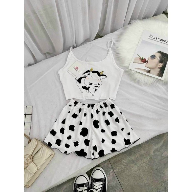 Đồ bộ nữ mặc nhà đồ ngủ hai dây hình bò sữa chất cotton 4 chiều thoáng mát mềm đẹp