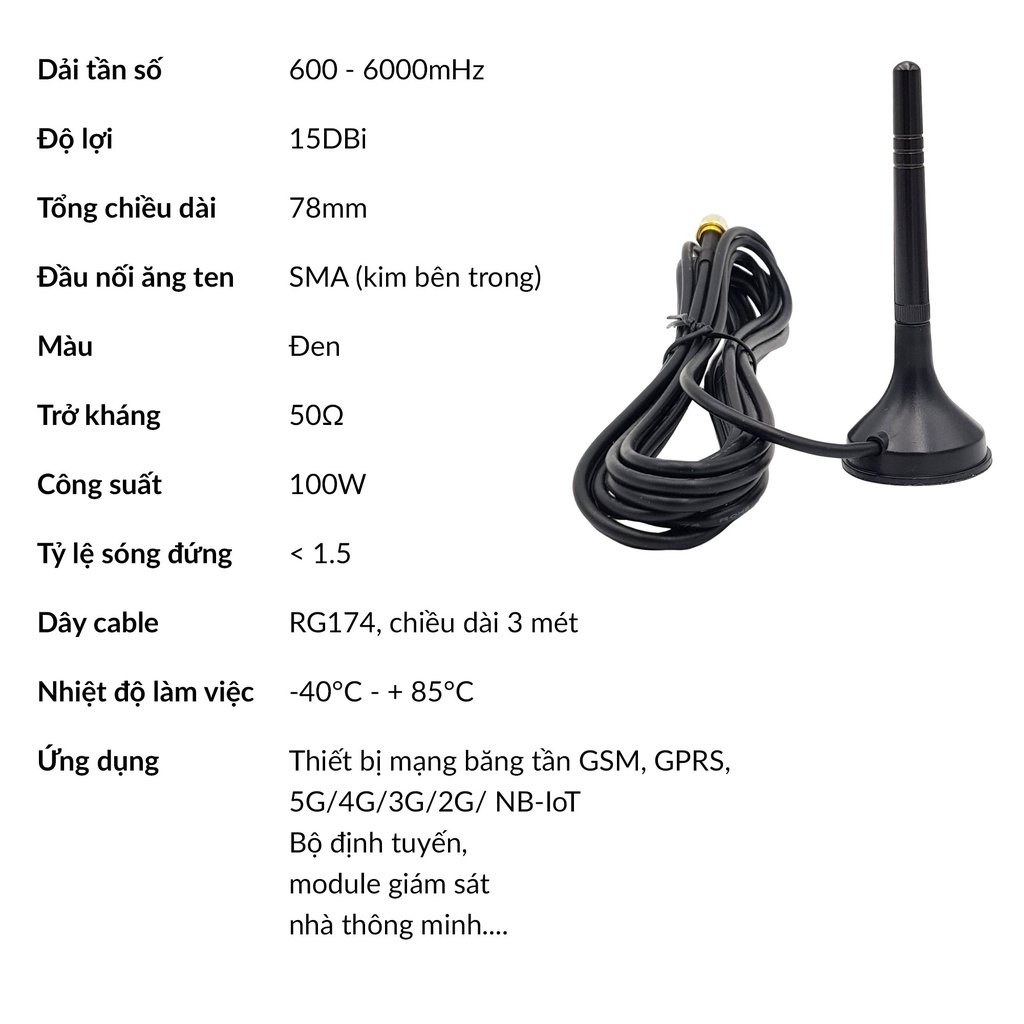 Anten cốc hút đa hướng 15dBi băng tần 600-6000Mhz hỗ trợ 5G 4G 3G 2G GSM GPRS chuẩn SMA