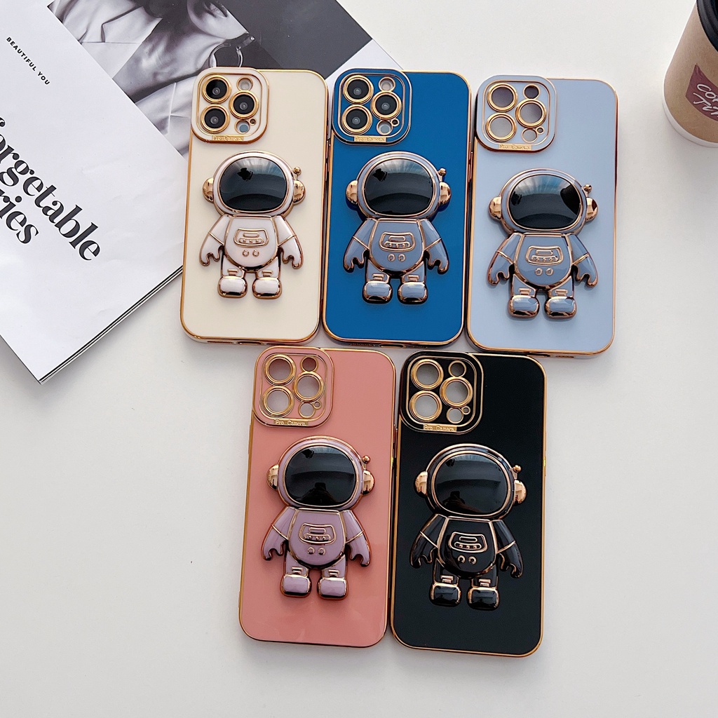 Ốp Điện Thoại TPU Mềm Mạ Điện Họa Tiết Phi Hành Gia Có Giá Đỡ Cho iPhone 13 12 Pro Max 11 Pro XS Max X 7 8 Plus