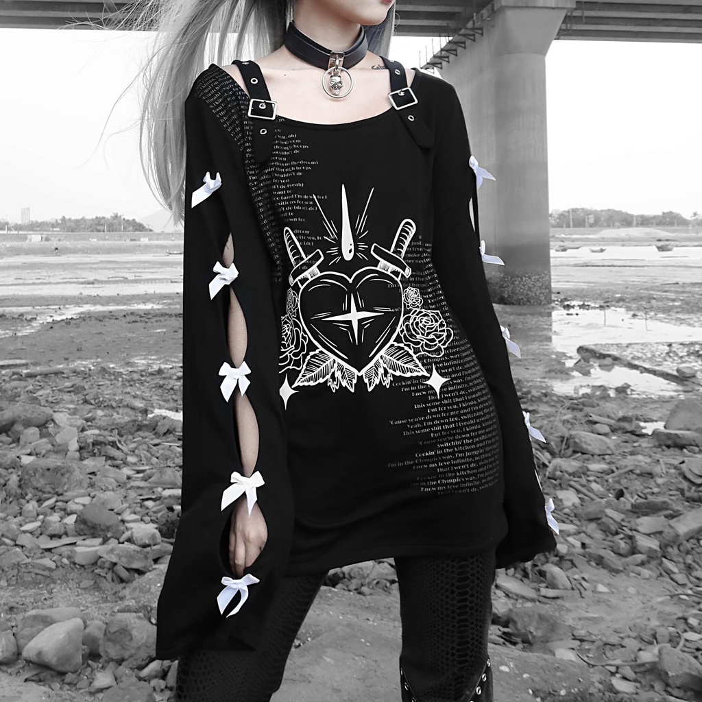 Áo Thun Tay Dài Y2k Thắt Nơ In Họa Tiết Phong Cách Punk Thời Trang Thu Đông Cho Nữ