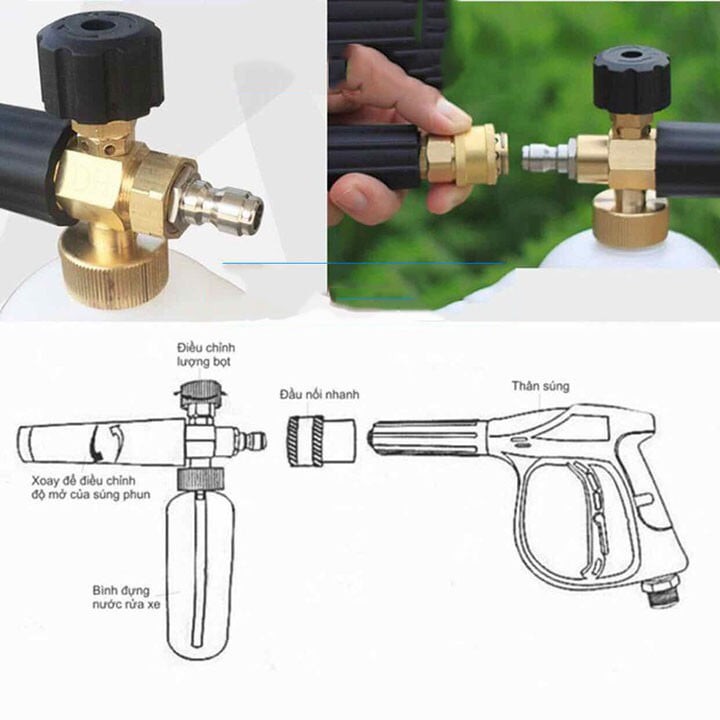 Bộ súng xịt rửa xe và bình tạo bọt tuyết cao cấp cho máy rửa xe áp lực cao, máy xịt rửa gia đình