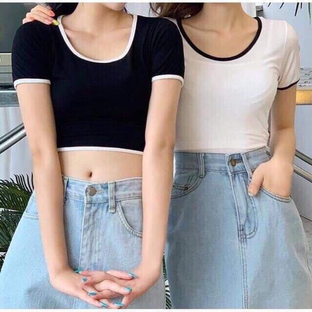 ÁO CROPTOP NỮ CỔ VUÔNG,Áo Croptop Ôm Tay Ngắn Sexy Thun Hai màu Đen Trắng H