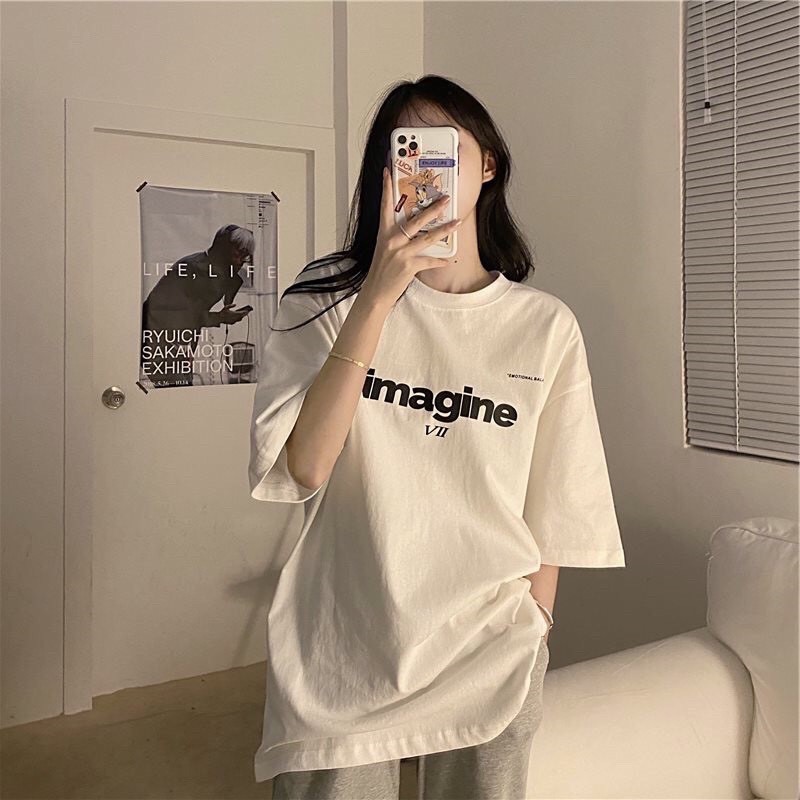 Áo thun nam nữ tay lỡ cổ tròn Imagine vải Cotton co giãn, dày dặn, form rộng - Sammy Shop 96