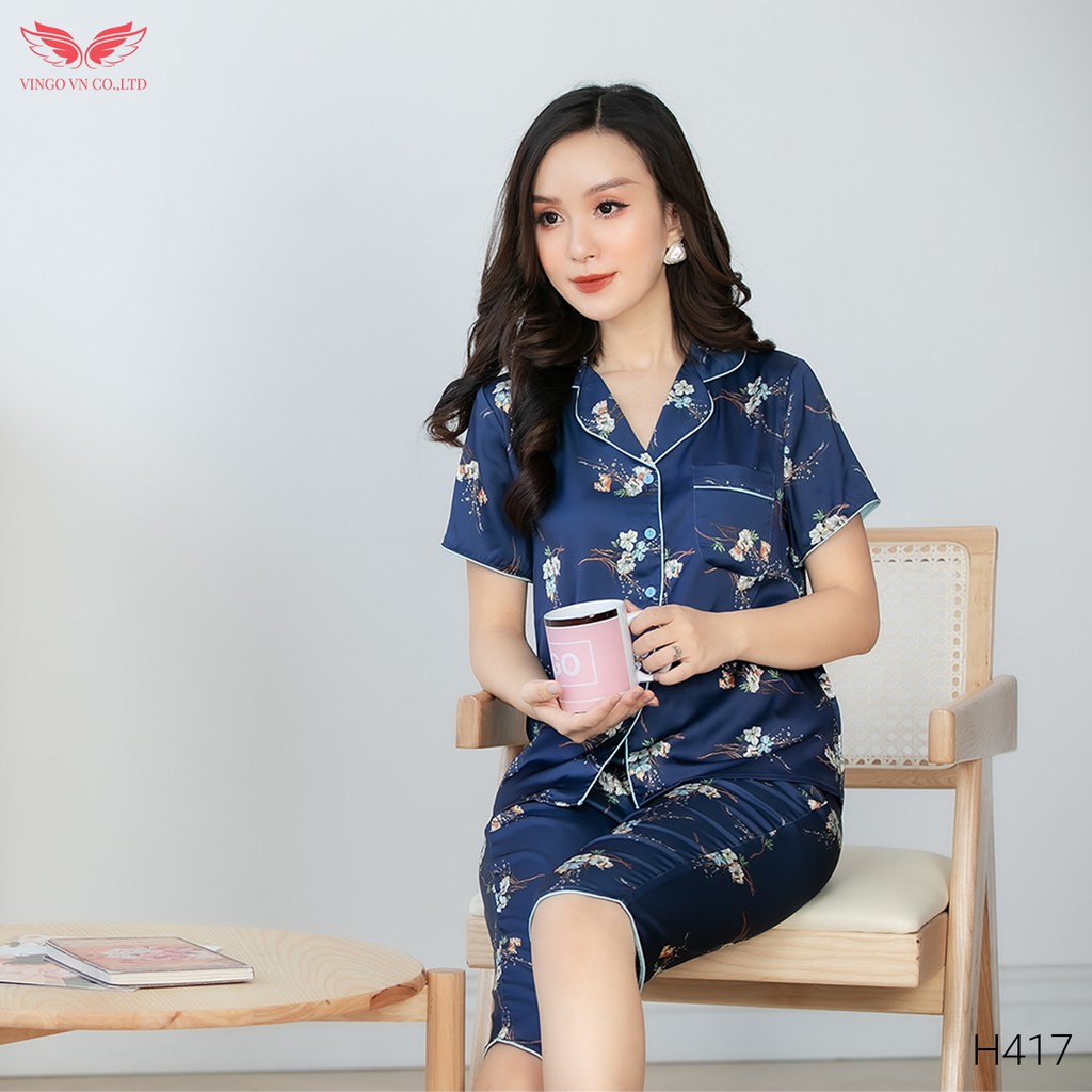 Đồ bộ nữ pijama lụa Pháp mềm mát mặc nhà mùa Hè VINGO tay cộc quần lửng họa tiết cành hoa nền xanh nhã nhặn H417 VNGO