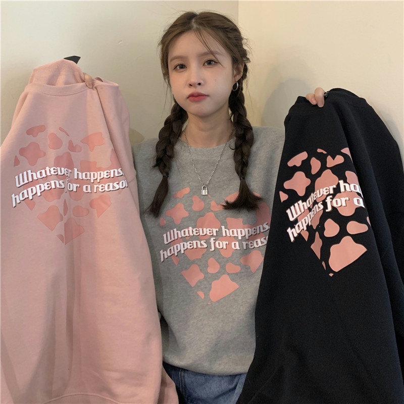Áo sweater tay dài dáng rộng in hình trái tim kiểu Hàn năng động thời trang dành cho nữ