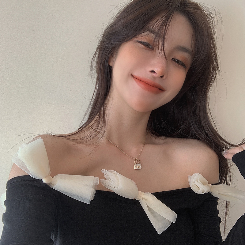 Áo thun trễ vai tay dài phối nơ dễ thương thời trang dành cho nữ