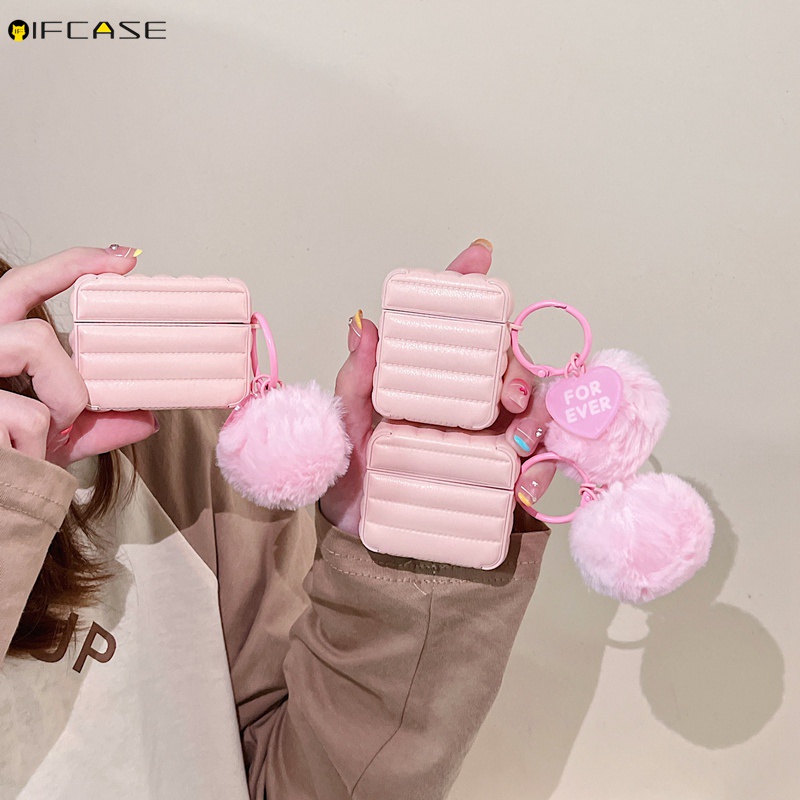 Vỏ Bảo Vệ Hộp Sạc Tai Nghe Airpods 1 2 3 Pro Kết Nối Bluetooth Không Dây Chất Liệu Da Màu Hồng Phối Lông Dễ Thương