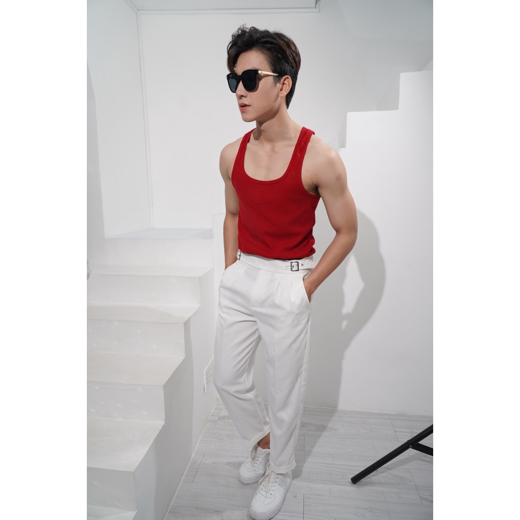 Áo Thun Ba Lỗ Tank Top Nam Cổ Vuông Màu Đỏ Cotton Tăm Gân Tôn Dáng Thương Hiệu Mr Twins