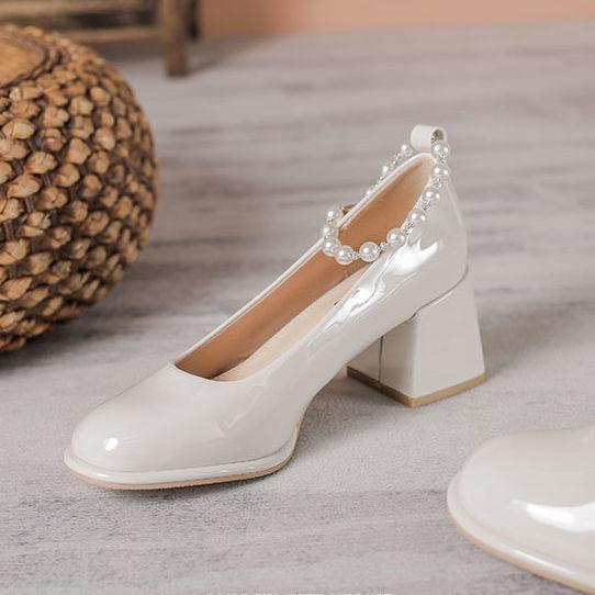 Giày Búp Bê Mũi Vuông Gót Vừa Dày Vừa Đính Ngọc Trai Phong Cách retro Pháp Thời Trang Mùa Xuân Hàng Mới Dành Cho Bạn Nữ