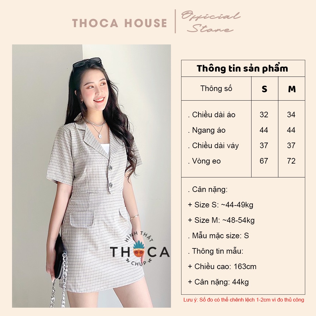 Set vest trẻ trung croptop tay ngắn phối chân váy caro kem THOCA HOUSE chuẩn form