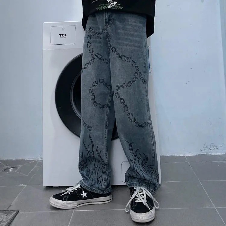 Quần jean ống rộng unisex họa tiết xích và lửa